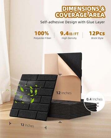 Акустичні панелі Jamelo 3D цегла, самоклеючі панелі для звукоізоляції та декору стін (30x30x0,9 см, чорні, 12 шт.) для студії, спальні та офісу