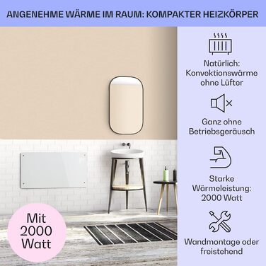 Klarstein Electric Heater, Convector Heater - Freestanding or Wall-Mountable, Energy-Saving, App Control, Quiet, Electric Standalone Heater with Thermostat, 2000 W White Bornholm Curved Smart