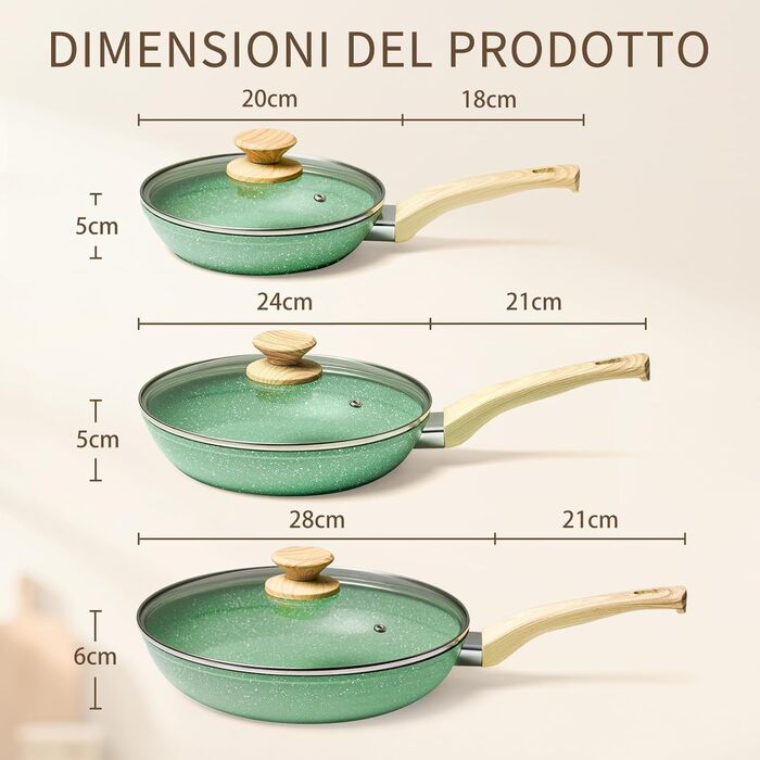 Набір сковорідок Innerwell з кришкою 3 шт. (20 см, 24 см, 28 см), індукційні сковороди з керамічним антипригарним покриттям, для професійного використання, сумісні з духовкою, без PFOA, придатні для миття в посудомийній машині, м'ятно-зелені