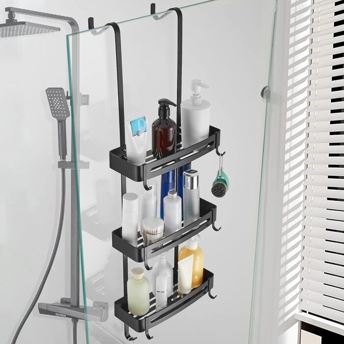 Двоярусна полиця для душу MOGFCT з гачками, з нержавіючої сталі, для ванної кімнати, чорна