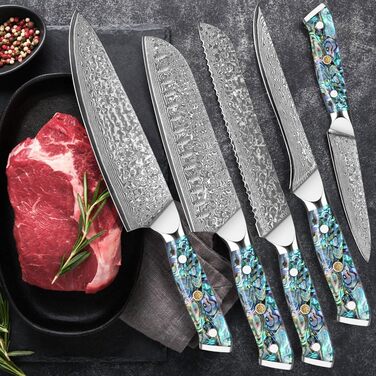 Набір кухонних ножів Damast Santoku 5шт з лезом 18 см (VG-10 сталь, ручка Abalone), подарункова коробка