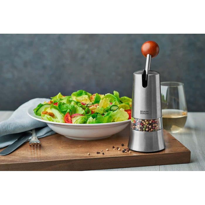 KUHN RIKON Salt and Pepper Mill made of Stainless Steel, Ratchet Spice Mill Manual, Silver, Adjustable Ceramic Grinder, Ergonomic Handle