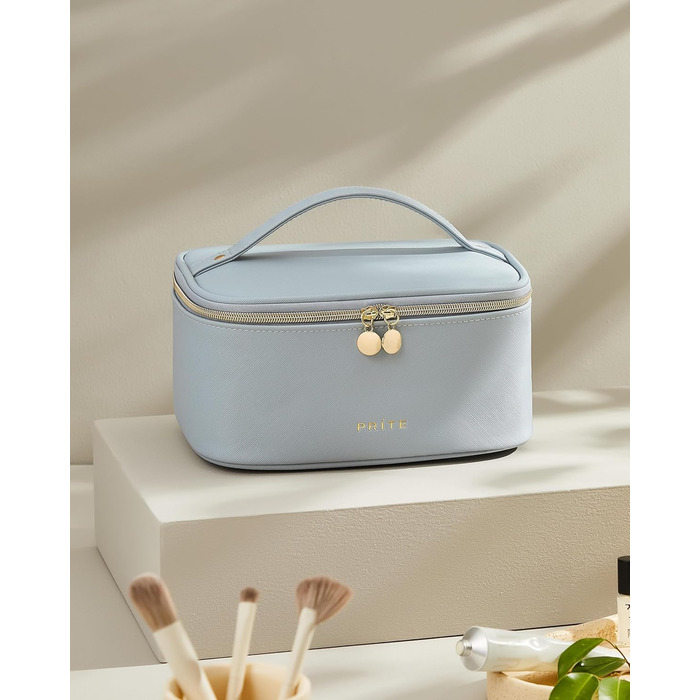 Велика косметичка для жінок, дорожня косметичка з водонепроникної шкіри, косметичний мішечок або сумочка для макіяжу з ручкою та знімним роздільником (Блакитна)
