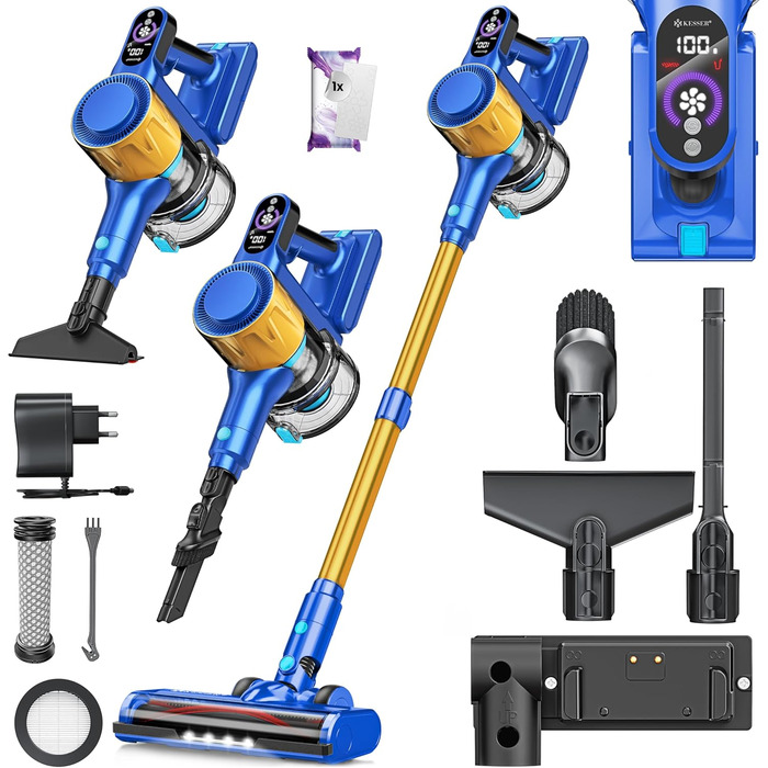 Бездротовий акумуляторний пилосос KESSER® з LED-дисплеєм, до 60 хв роботи, тихий, без мішка, з антинамотувальною насадкою, HEPA-фільтр, аромадиск (Синій/Золотий)