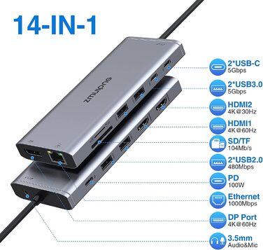 Док-станція USB-C для ноутбука 14-в-1: 2xHDMI 4K, DP, Ethernet, 4xUSB, 100W PD, SD/TF, Audio/Mic. Підтримка Dell, HP, Lenovo та інших ноутбуків.
