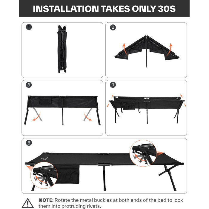 Розкладне ліжко Sportneer для кемпінгу та відпочинку на природі, 199x73 см, чорне