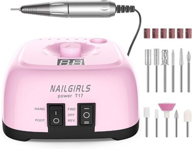 Електричний фрезер для нігтів Nailgirls 11 в 1 з педаллю, 35000 об/хв, для гель-лаку, манікюру та педикюру (Рожевий)