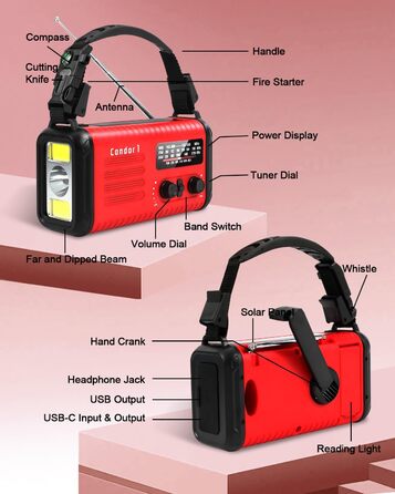 Радіо Kurbelradio на сонячній енергії 20000mAh з AM/FM, SOS-сигналом, LED-ліхтариком та USB-зарядкою, червоне