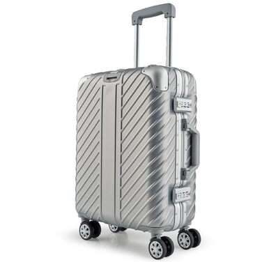 Валіза ручної поклажі 20 дюймів (срібна) з алюмінієвим каркасом, водонепроникна, з кишенями для ноутбука та захистом кутів | Валіза на колесах, екстра стабільна