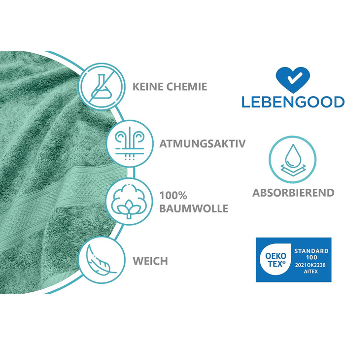 Набір рушників LEBENGOOD 10 предметів, 100% бавовна, Oeko-TEX, м'які та гігроскопічні (2 банні, 4 для рук, 4 рукавички), колір Aqua