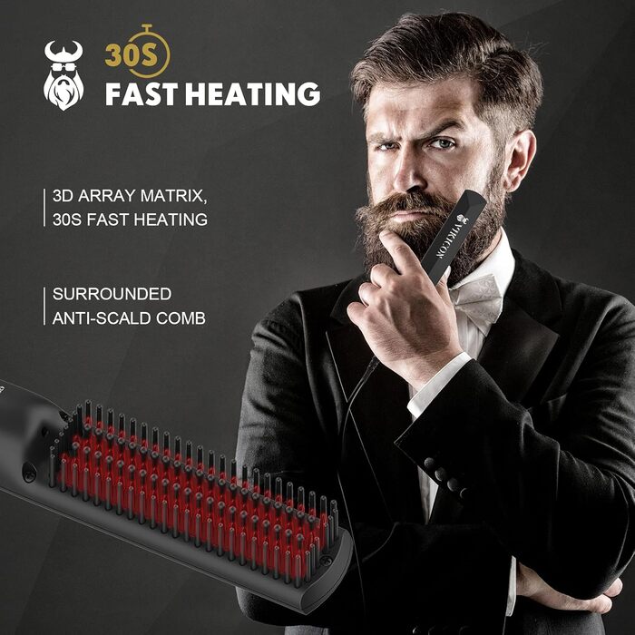 VIKICON Men's Beard Straightener - Mini Electric Beard Flat Iron, 30s Style Heated Brush Comb, Ionic Hair Straightener for Long & Short Beard Styling - Black