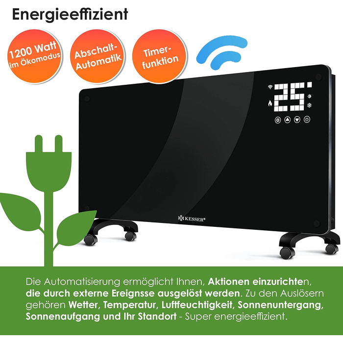 Електричний конвектор KESSER® з Wi-Fi, LCD-дисплеєм та пультом керування. Чорний, 2500 Вт. Можливість встановлення на стіну або на підлогу.