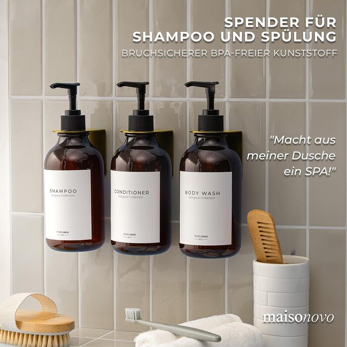 Шампунь MaisoNovo: набір з 3 пляшок для наповнення (500 мл) з дозатором, колір - бурштиновий, чорний насос