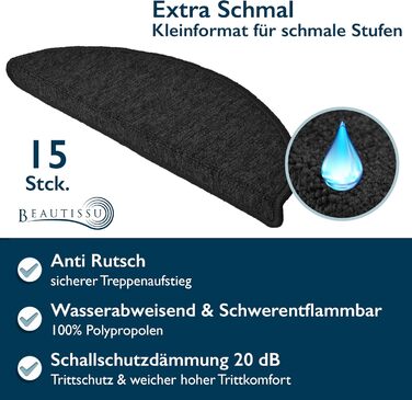 Beautissu Non-Slip Stair Treads - 55x15 cm - 15 Pack - Self-Adhesive Indoor Stair Mats - Anthracite Grey - ProStair for Narrow Stairs