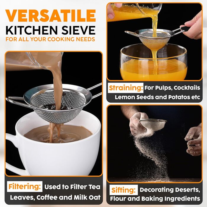 Набір сит Jojeys 3 розмірів – металеві сита з нержавіючої сталі, дрібний отвір – кухонні сита з нержавіючої сталі для приготування їжі, випічки – придатні для миття в посудомийній машині (8 см з гумовою ручкою)