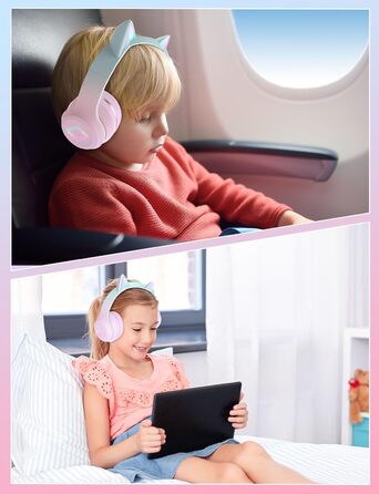 Бездротові навушники Bluetooth для дітей з LED-підсвіткою, котячими вушками та мікрофоном, HD стерео звук, складні, регульоване наголов'я, для дівчаток, PC/Tablet/Навчання/Школа (рожеві)