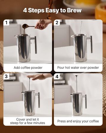 Френч-прес VEVOR 1,5 л з нержавіючої сталі - кавова преса, чайник з фільтром, для кемпінгу, подорожей, кухні, срібний