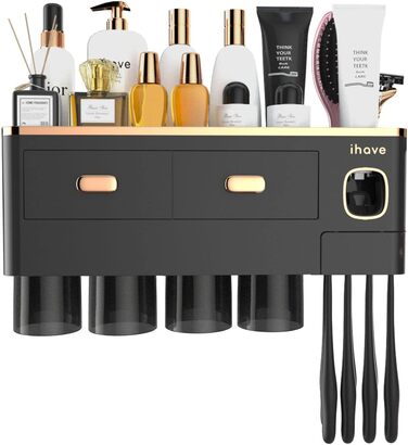 IHave Toothbrush Holder Wall-Mounted, Bathroom Toothbrush Holder with Toothpaste Dispenser, 3 Cup Toothbrush Holder with Drawer, Large Capacity Toothbrush Organizer Bathroom (4 Cups, Black Gold)