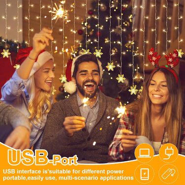 Ланцюжок LED-ліхтарів 2x2м, 200 LED, USB, тепле біле світло, для декору стін, кімнат, вечірок, весіль, Рамадан, Різдво (сніжинки)