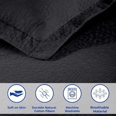 Комплект покривала на ліжко 3 частини з жаккардової бавовни Fleur de Lis, розмір Queen, чорний