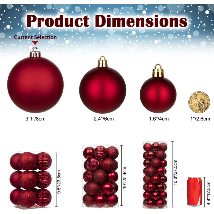 40 шт. новорічні кулі для прикраси ялинки 4 см, 8 см, червоні (4CM, 8CM, 40 шт.)