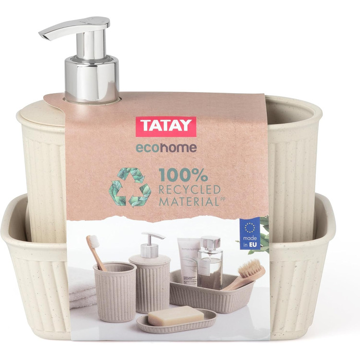 Набір аксесуарів для ванної кімнати TATAY Baobab ECOHOME (4 шт.): стакан для зубної пасти, дозатор мила, мильниця, органайзер A6. Без BPA, з переробленого пластику, поліпропілен, бежевий.