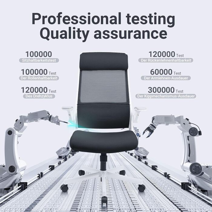 Ергономічне крісло для офісу з регульованою підголівником, крісло для робочого столу з сітки, відкидні підлокітники, широке сидіння, функція гойдання, комп'ютерне крісло EN 1335, офісне крісло 200 кг (чорно-біле)