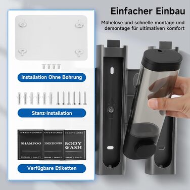 Настінний диспенсер для мила та гелю для душу з 3 відсіками (300мл, ABS, чорний)