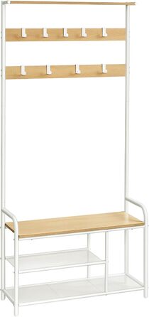 VASAGLE Coat Rack, Wardrobe, Clothes Rack with 9 Hooks, Shoe Bench, Shelf, 30 x 85 x 180.5 cm, for Entryway, Bedroom, Small Apartments, Industrial Design, Vintage Brown-Black HSR409B01 (Oak Color + White)