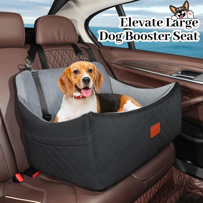 Wooaidagg Dog Car Seat for Medium & Large Dogs - Washable Memory Foam Pet Car Bed with 2 Leashes (Black/Grey)