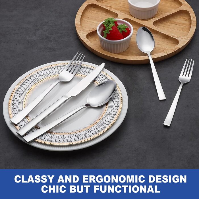 60-Piece Cutlery Set for 12 People, Wildone Premium Stainless Steel Highly Polished Cutlery Set, Durable for Home Kitchen Use, Including Fork, Knife, and Spoon Set