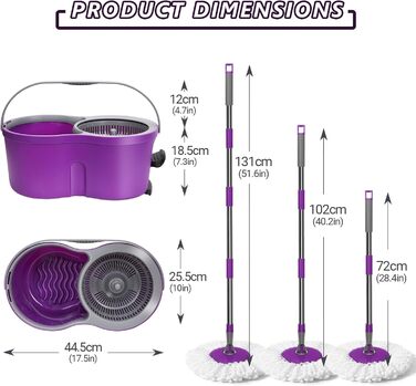 Мастхом Вішмоп-Еймерсистема: обертовий моп 360°, відро з вичавкою, мікрофібра, 3 насадки, система для миття підлоги (фіолетовий)