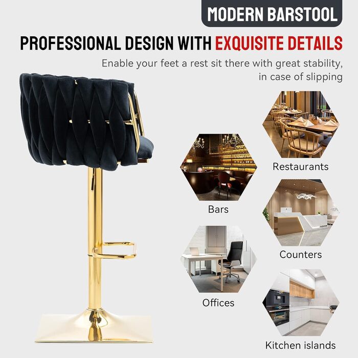 SUPPNEED Velvet Bar Stools 2-Pack - Adjustable Swivel Barstools with Backrest for Kitchen & Bar (Black)