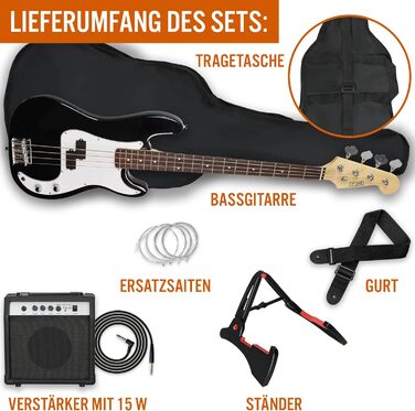 Бас-гітара 3rd Avenue 4/4 E-Bass Set для початківців, з підсилювачем 15W, чохлом, кабелем, ременем, підставкою та запасними струнами – синьо-чорний колір