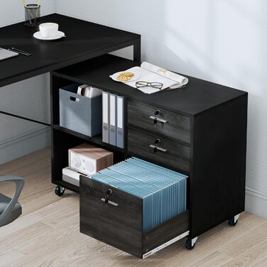 YITAHOME мобільна тумба з дерева для офісу, з замком, 3 шухляди, 2 відкриті полиці, сучасний дизайн, для документів, чорна і коричнева