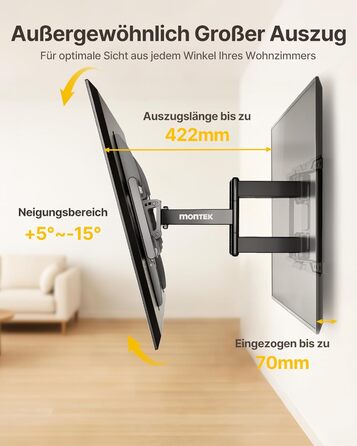 Настінна кріплення для телевізора monTEK, 37-90 дюймів, до 75 кг, з подвійними шарнірними руками, регулювання нахилу, поворот і витягування, VESA 600x400
