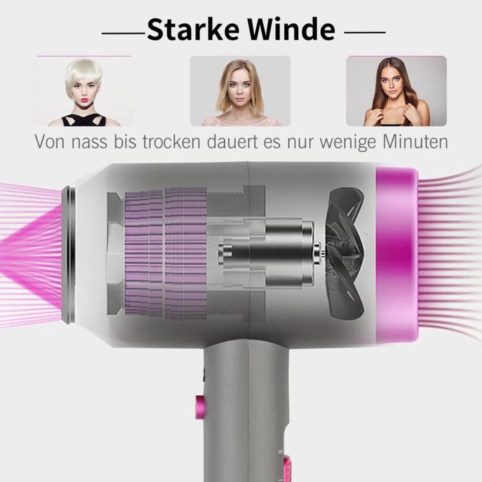 Іонізатор для волосся Faszin Föhn: професійний фен з AC-двигуном, 2 швидкості та 3 режими нагріву, кнопка холодного повітря, насадка-дифузор та 2 концентратори (чорний/білий)