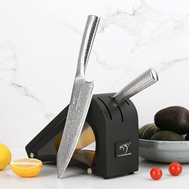 Набір кухонних ножів Дамаскус, 4 шт. з бруском: кухонний ніж, сантоку, ніж для чищення. Професійний набір з нержавіючої сталі Дамаск, з молотковими ручками