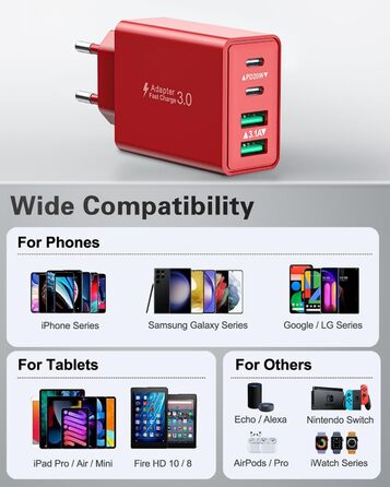 Мережевий адаптер USB C 40W з 4 портами, швидка зарядка, універсальний зарядний пристрій для iPhone, iPad, Samsung та інших телефонів (білий/червоний)