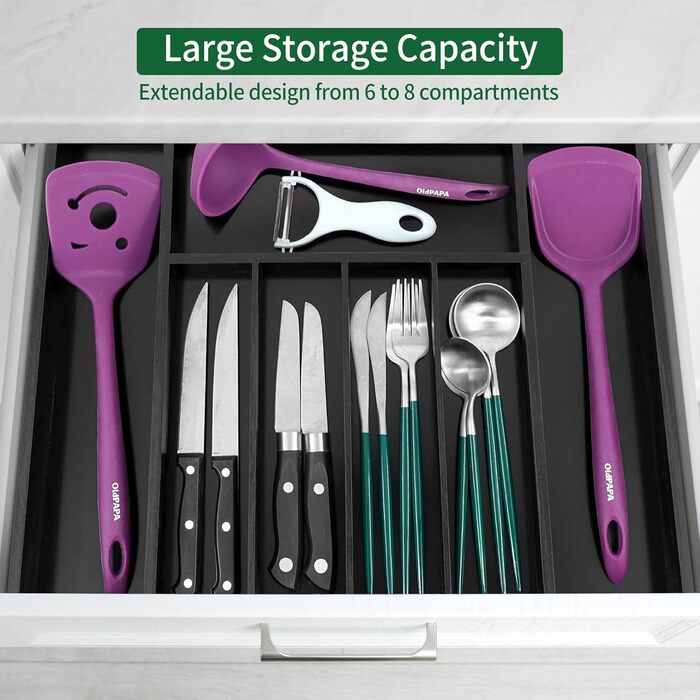 Органайзер для столових приладів Utoplike з бамбука, розширюваний, для кухні та офісу, чорний (5-7 секцій)