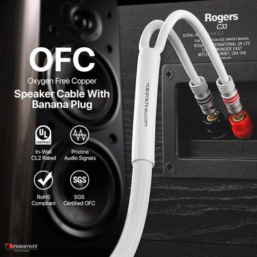 Акустичний кабель Nakamichi 12AWG з позолоченими банановими роз'ємами 24K, 3 метра, безкисневий мідний провід (OFC) в обплетенні, чорний — для домашнього кінотеатру та підсилювача