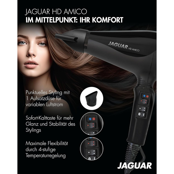Фен JAGUAR Föhn HD AMICO: потужний професійний фен з миттєвою кнопкою охолодження та індивідуальними налаштуваннями температури та швидкості для створення унікальних зачісок