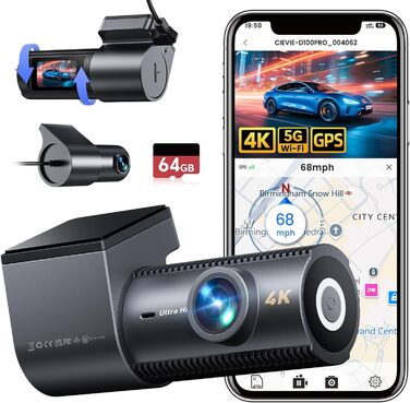 CIEVIE Автомобільна відеореєстратор 4K з GPS, WiFi, Dual, IPS 1.5″, 64GB SD, 170° та G-Sensor, WDR, Нічне бачення, Loop-запис, підтримка до 256GB