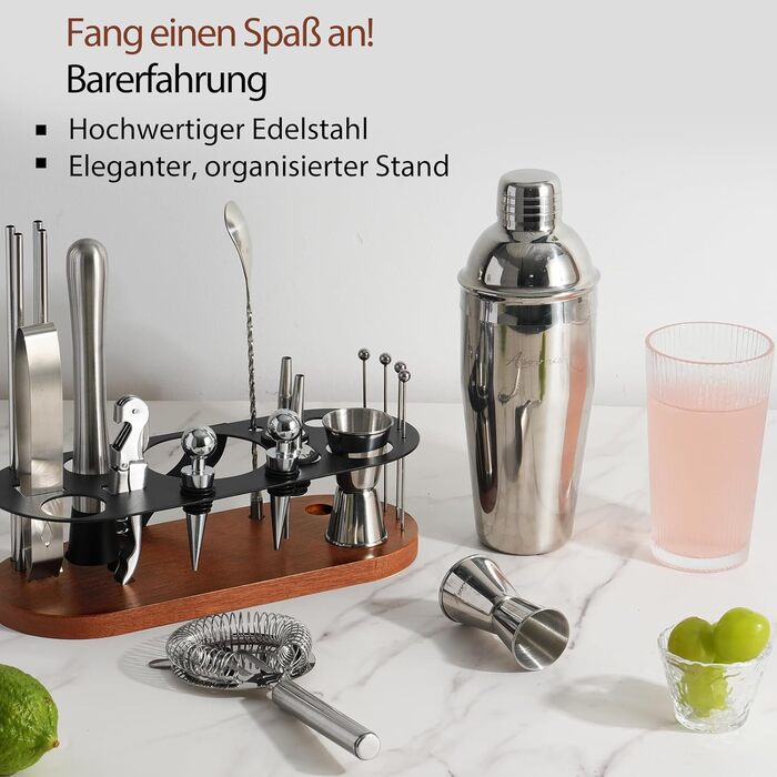 Набір бармена на 23 деталі з підставкою | Набір шейкерів для коктейлів з інструментами: шейкер Мартіні, сито, ложка, мадлер, для дому, бару, вечірки (колір коричневий)