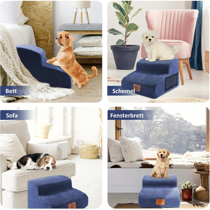 Dog Stairs, Pet Stairs, Foam Dog Stairs, Washable Non-Slip Cat Stairs, Dog Stairs for Small Dogs and Cats, Portable Dog Ramp for Bed, Couch and Car (2-Step Dog Stairs, Blue)