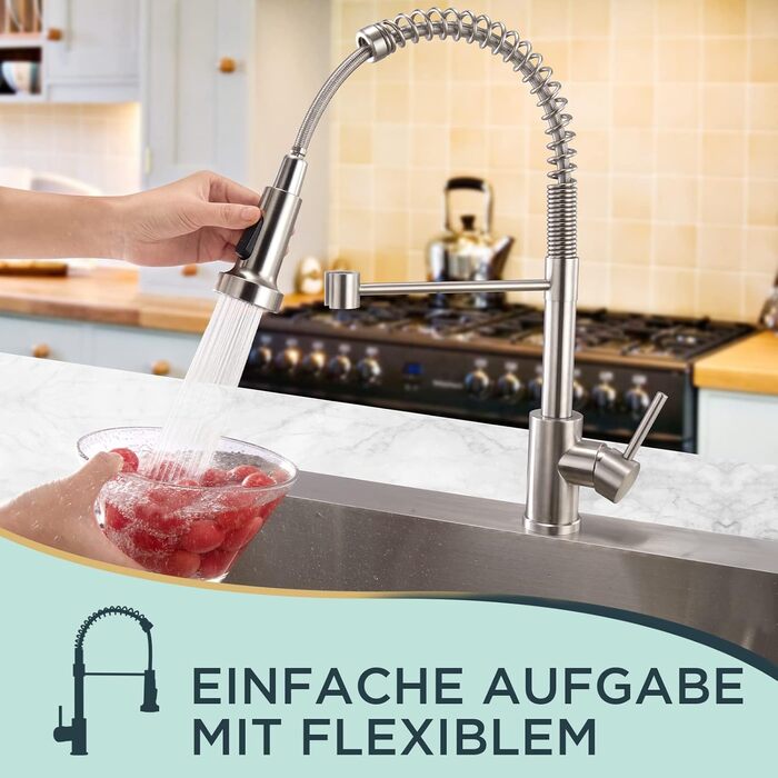 Кран кухонний FORIOUS з високим виливом, поворотний на 360°, з висувною лійкою, нержавіюча сталь, щітка