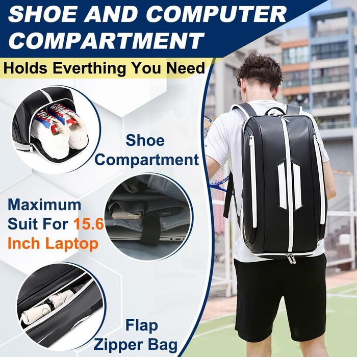 TILDOSAC Tennis Bag - Large Sports Bag for Tennis, Padel, Pickleball - Men & Women - Shoe Compartment, Laptop Sleeve