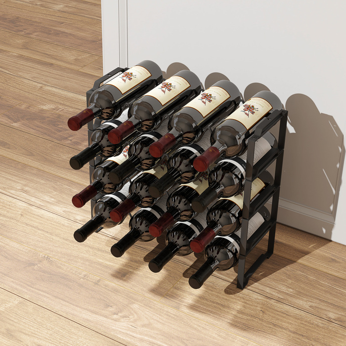 HOMCOM Wine Rack Bottle Rack for 16 Wine Bottles, Metal Bottle Holder Storage Shelf, Wine Bottle Rack for Kitchen, Dining Room Black | Aosom