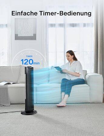 PELONIS 76 см Турбовентилятор з осциляцією, 3 швидкості, таймер 8H, тихий та компактний для дому/офісу (чорний)