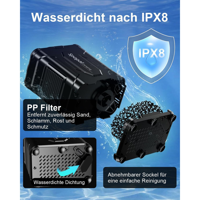 Портативний душ для кемпінгу Spopal 13000 mAh, водонепроникний IPX8, з цифровим дисплеєм та функцією паузи, для подорожей, піших прогулянок, миття авто (Чорний)